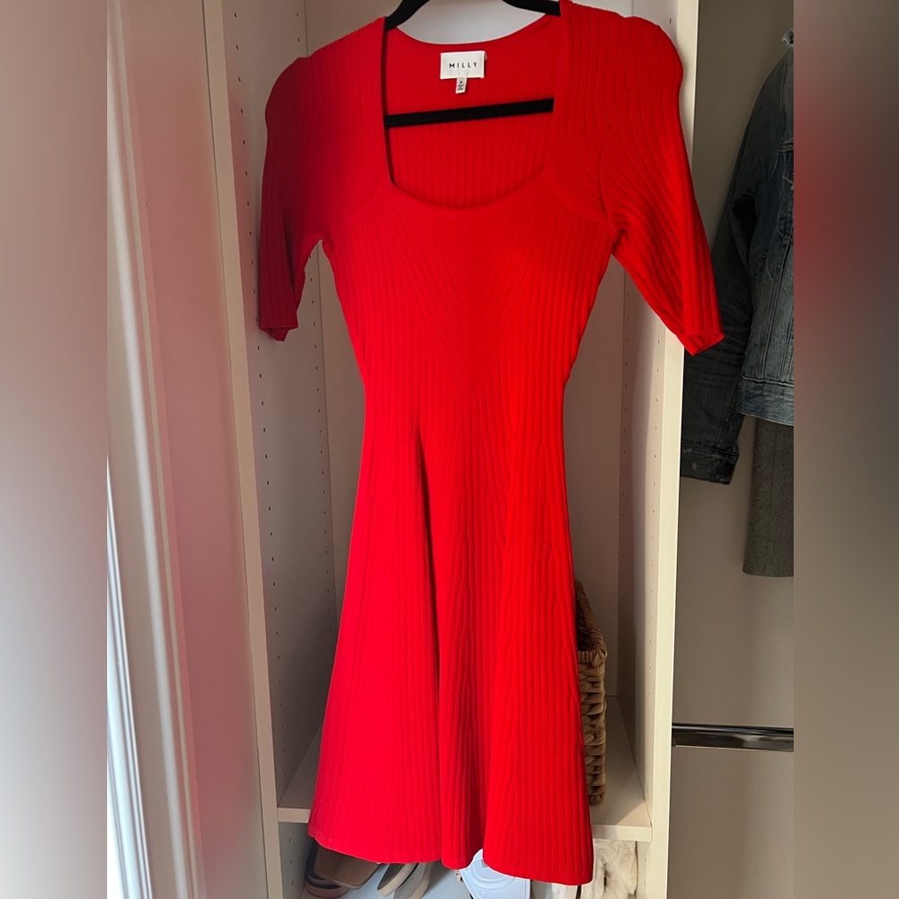 Milly Womens Red Ribbed Viscose Flare Stretch Knit Cocktail Dress P 0-2